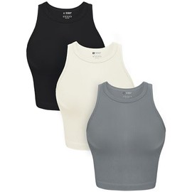 OLCHEE Womens 3 Pack Crop Tank Tops Basic Seamless Ribbed Round High Neck Racerback Workout Top Summer Causal Yoga Gym Shirts - Black Beige Light Grey Large