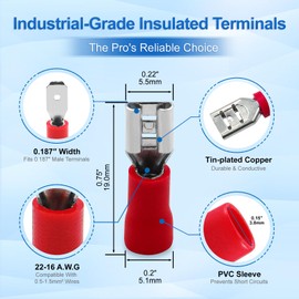 Baomain 0.187" Female Quick Disconnect Spade Terminals,Insulated Crimp Connectors 22-16 AWG 4.8mm (3/16 inch),Red, (100-Pack)