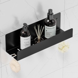 Qeke Shower Caddy, 12" Bathroom Shower Shelf Organizer with 2 Hooks, SUS304 Stainless Steel Floating Shower Shelves with Large Capacity, Rustproof Shower Rack for Inside Shower, Matte Black