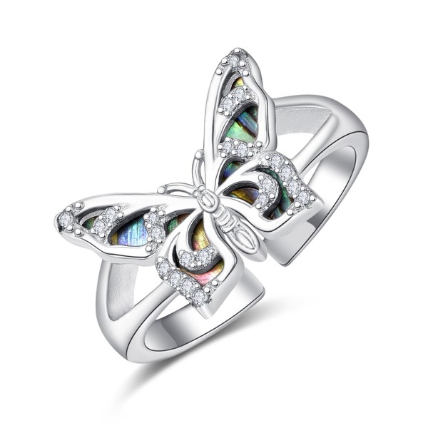 KINGWHYTE Sterling Silver Open Adjustable Abalone Butterfly Ring with Cubic