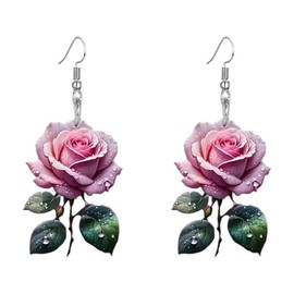 Acrylic Pink Rose Flower Dangle Earrings for Women Retro Boho Lightweight Plant Floral Petal Blossom Green Leaves Hook Drop Earring Statement Vintage Summer Holiday Bohemian Jewelry