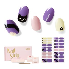 NAILOG Semi-Cured Gel Nail Strips, 34 Strips, Long Lasting, Salon Quality, Nail Stickers, Nail Kit, Color, Glossy, Three-Dimensional, Cute Animals, Cat, Purple, Halloween|Black Cat