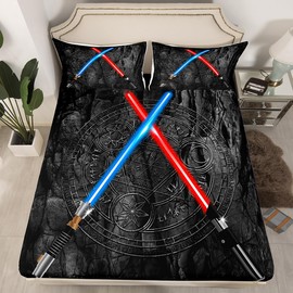 Lightsaber Fitted Sheet Full Size 3D Neon Blue Red Bedding Set 3Pcs Geometric Sun Moon Round Bed Sheet for Kids Boys Girls Teens Room Decor Fashion Vintage Stone Wall Deep Pocket Sheet,Black