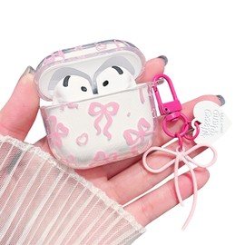 MINSCOSE Compatible with AirPods 4 Clear Case,Cute Ribbon Bow Pretty Aesthetic Design with Bow Love Heart Keychain,Soft TPU Protective Shockproof Case for Women Girl for AirPod 4-Pink