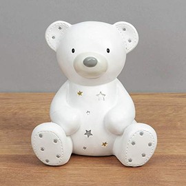 Widdop & Co. Bambino White Resin Money Box - Teddy Bear with Gold & Silver Stars - Perfect Nursery Decoration Or Baby Gift Christening Baby Shower