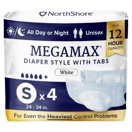 NorthShore MegaMax Adult Overnight Diapers, 12-Hour Tab-Style, Small, 4 Count Starter Pack, White, 24-34 inches, Unisex Incontinence Underwear