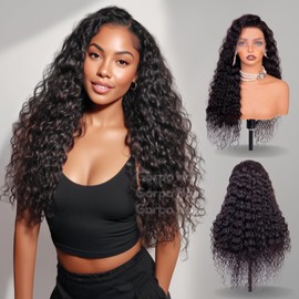 Gorpo 28 Inch Deep Wave Lace Front Wigs Human Hair, 13x6 HD Wet and Wavy Lace Front Wigs, Curly Human Hair Wig, 180 Density Deep Wave Wig, Pre Plucked & Glueless, Natural Color