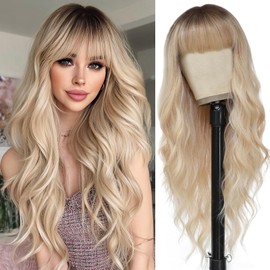 Ombre Blonde Wig with Bangs Long Wavy Wig Platinum Blonde Wigs for Women 26 Inch Blonde Highlight Wig with Dark Roots Natural Synthetic Wigs Curly Hair Replacement Wig for Daily Party Cosplay Use