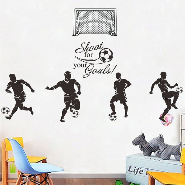 ANFRJJI Football Wall Decal Soccer Wall Sticker - Removable PVC Sport Art Silhouette Vinyl Wall Decor for Kids Bedroom Football Fans - Shoot for Your Goals Wall Decoration JWH150 (Black)