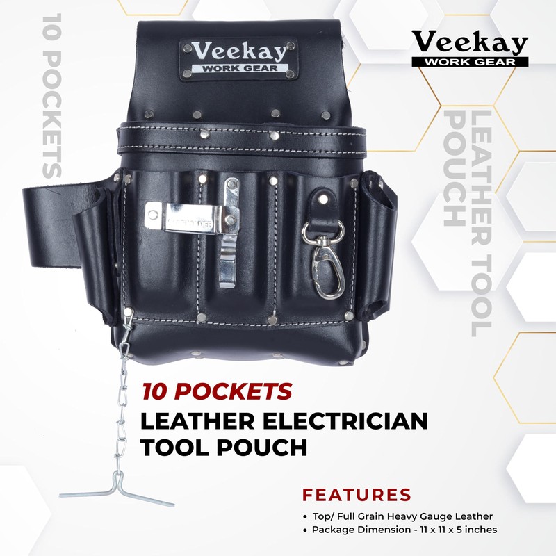 VEEKAY Tool Pouch for Electricians - 10 Pocket Leather Organizer
