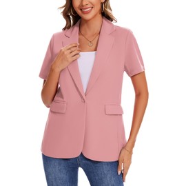 MINTLIMIT Women's Blazer Short Sleeve Flap Pockets Notch Lapel Back Vent Front Lined Lightweight for Summer (Pink L)