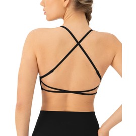 PAVOI ACTIVE Open Back Strappy Yoga Workout Bras for Women - Low Support Criss-Cross Sports Gym Bra Removable Pads - FlexFlow, Black, Medium