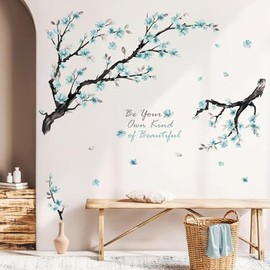 Blue Flowers Wall Stickers,Watercolor Flower Branch Wall Decals for Living Room Bedroom TV Background Office Bathroom