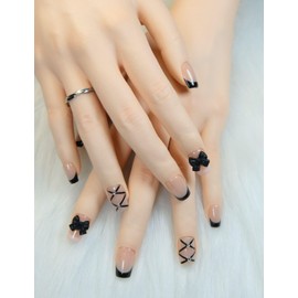 Duotaoii French Tip Press On Nails Short Fake Nails Handmade False Nails Black Bow Hand-Painted Nail Charms,Square Acrylic Nail Kit Gel Nails,Reusable Stick on Nails for Women 10pcs M