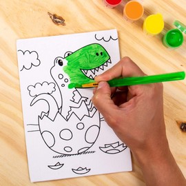 Horizon Group USA Pre-Printed Canvas & Paint Art Set, 3-Pack 5x7 Canvas Panels, 12 Tempera Paints, 6 Easy-Grip Assorted Paintbrushes for Paint Projects, Dino, Food, Glitter Space