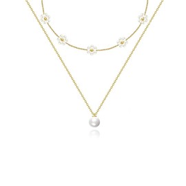 14K Gold Plated Multi-layered Pearl Necklace for Women, Freshwater Cultured Daisy Charm Pendant Jewelry Set, Dainty Floral Pearl Necklace Gifts for Birthdays Anniversaries Mother’s Day