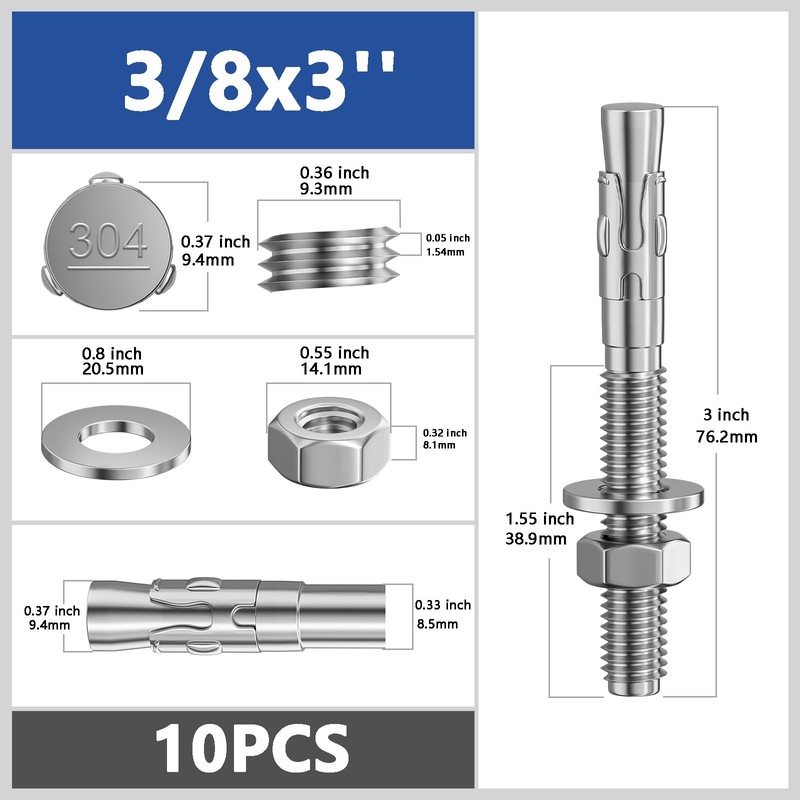Wensilon 10Pcs 3/8x3 Inch Standard Fasteners for Heavy-Duty 304 Stainless