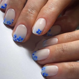 French Tip Press on Nails Short Square SWEKKE Ombre Fake Nails False Nails with Blue Flower Designs Blue&White Glossy Glue on Nails Acrylic Nails Stick on Nails for Women Girls 24Pcs