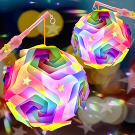 Children's Lantern, 2 Lantern Sticks for St Martin with Multicoloured Lantern, Lantern Sticks Children's LED, Lantern Craft Set, Lantern St Martin with Lantern Rod Electric Children's Parties, St