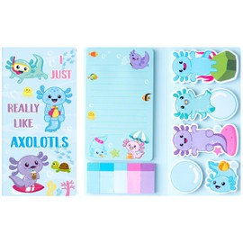 Xqumoi I Just Really Like Axolotl Sticky Notes Set, Animal Mexican Walking Fish Shaped Self-Stick Notes Pads Writing Memo Pad Page Marker Bookmarks Back to School Office Supplies Party Favors (Blue)