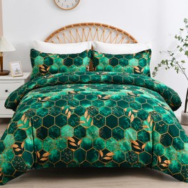 DJY Green Geometric Duvet Cover Golden Leaves Reversible Bedding Set, Soft and Breathable Lightweight Duvet Sets 3 Pieces With Zipper Closure (Double, 200x200cm)