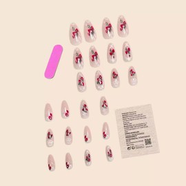 RUPOFUZA Almond Press on Nails Long Nude Pink Fake Nails with White Pearl and Lovely Strawberry Design False Nails Acrylic Nails Press on Artificial Nails Glossy Stick on Nails For Women-24Pcs