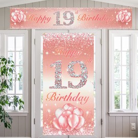 Happy 19th Birthday Door Cover Porch Long Banner Sign Set 19 Years Old Birthday Decoraions Party Supplies for Girls Rose Gold