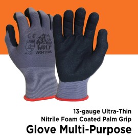 WOLF 13-gauge Ultra-Thin Nitrile Foam Coated Palm Grip Glove Multi-Purpose (1...