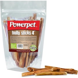 PowerPet- Bully Stick de Viril de Res 100% Natural 4 Pulgadas (20 Unidades) - Premio para Perros Alto en Proteínas, Bajo en Grasa, Saludable y de Larg