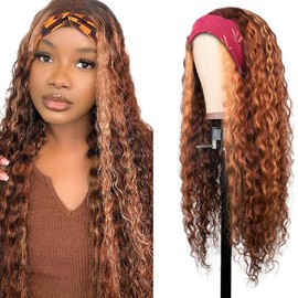 Headband Wig Human Hair Deep Wave Wig Women's Real Hair No Lace Real Hair Wig Wear and Go Glueless Wigs Human Hair Wig 150% Density Headband Wigs P4/30 Brown Wig 20 Inches (50 cm)