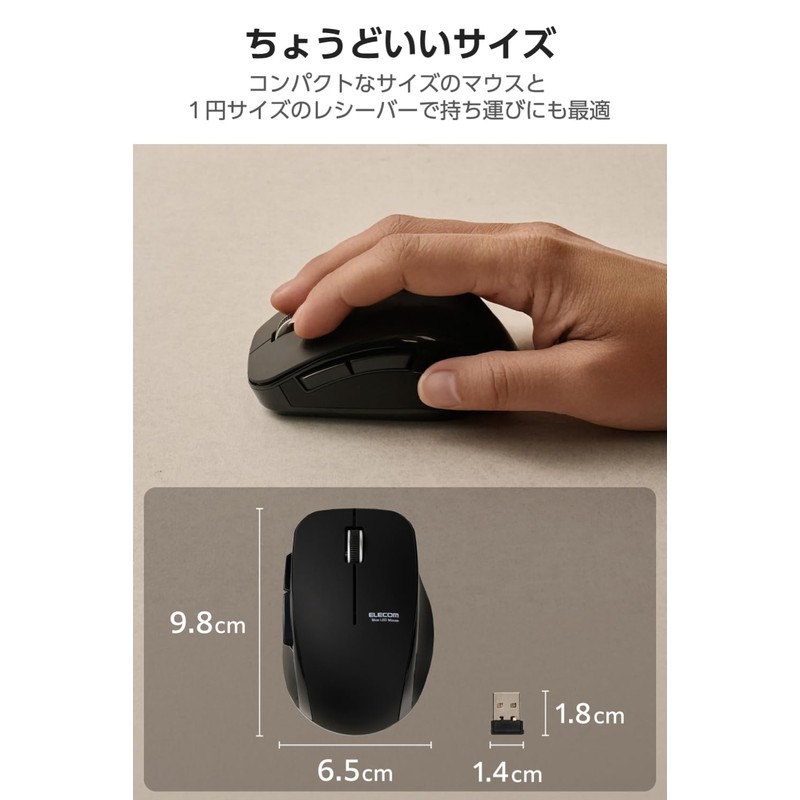 Elecom M-FBL01DBXSBK Wireless Mouse, Quiet, 5 Buttons, Medium, Black