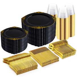 Nervure 600PCS Gold Plastic Dinnerware - Black and Gold Disposable Plates for 100 Guests - 200 Plates, 300 Silverware, 100 Cups for Wedding & Party