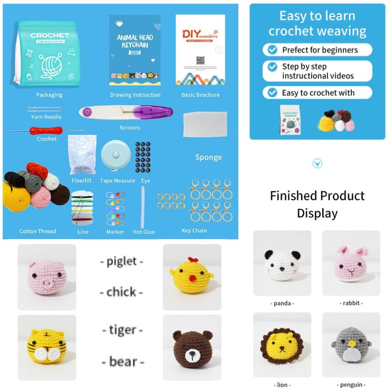 Beginner Crochet Kit ,Make Your Own 8 PCS Animals Crochet,