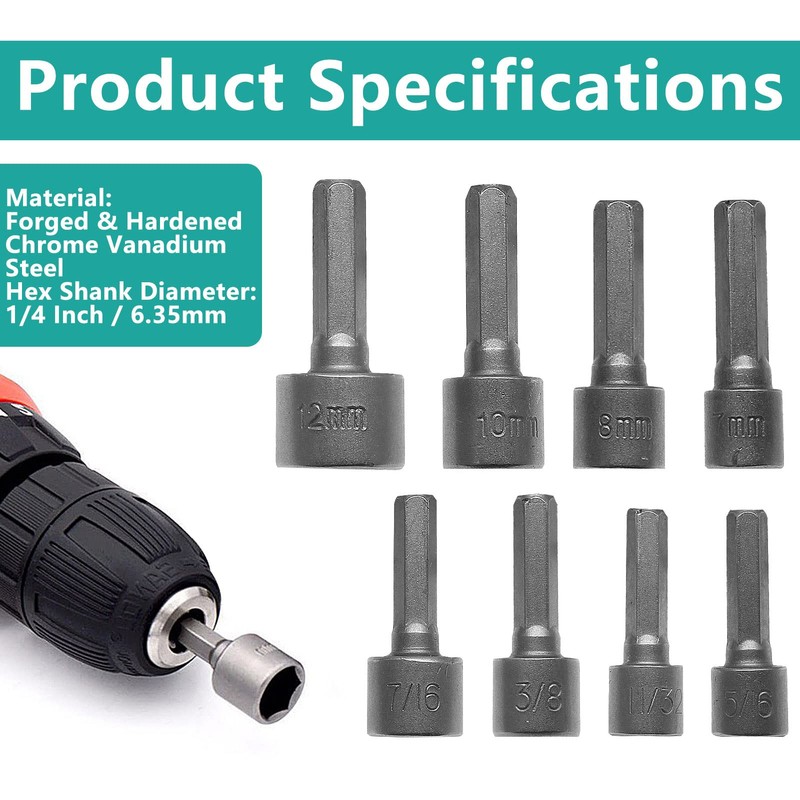 Aracombie 14pcs Power Nut Driver Set Metric & Imperial Hex