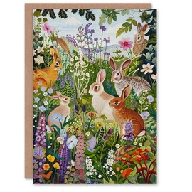 Artery8 Birthday Card Cute Bunny Rabbits Wildflower Meadow For Her Gran Sister Niece Daughter Wife Woman Greeting Card