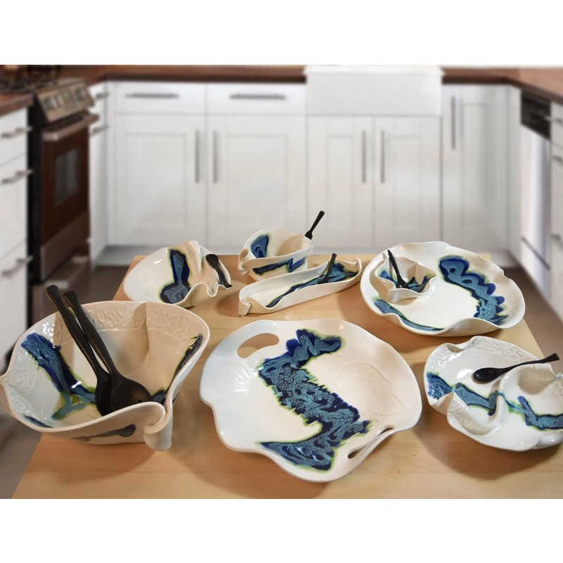 Aurora Collection Salad and Soup Bowl Set in Blue/White, Handmade
