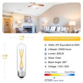 Vintage T10 Led Bulb, Dimmable 2W Tubular Chandelier Bulb, 25Watt Incandescent Bulb Equivalent, 2700K Warm White, Clear Glass, Antique E26 Light Bulbs for Pendant Desk Cabinet Piano Lamp, 3 Pack