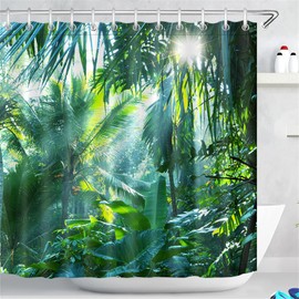 LB Green Forest Shower Curtain, Tropical Jungle Shower Curtains with Hooks, Banana Leaves, Palm Plant Bath Curtain, Waterproof, Anti-Mould, Polyester Bathroom Curtains, 180 x 180 cm