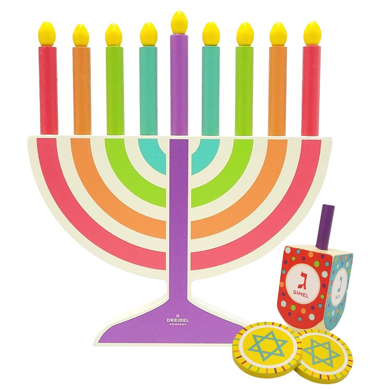Mini Multicolor Hanukkah Menorah, 5" Inch Children Wooden Chanukah Menorah