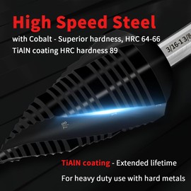 S&F STEAD & FAST Cobalt Step Drill Bit for Metal, Three Spiral Flute, 3/16"-1-3/8", 1 pc, Heavy Duty Unibit, 3/8" 3-Flat Shank, HSS M35 Steel Step Bit for Sheet Metal, Stainless Steel, Aluminum
