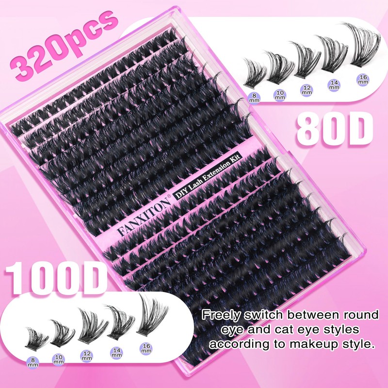 DIY Lash Extension Kit Volume Thick Lash Clusters 80D+100D 320