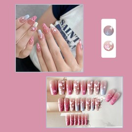 24Pcs Valentines Day Press on Nails Coffin Medium Fake Nails Colour Star Heart Acrylic Nails Cute Full Cover Design Valentines False Nails Pink Glossy Artificial Glue on Nails for Women DIY Manicure