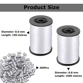 Srvauyea 250 m Nylon Thread, Transparent, Tear-Resistant, Strong Nylon Line, 0.6/0.8 mm Fishing Line, Transparent, Nylon Thread with 200 Pieces Aluminium Crimp Sleeves for Fishing Crafts Jewellery
