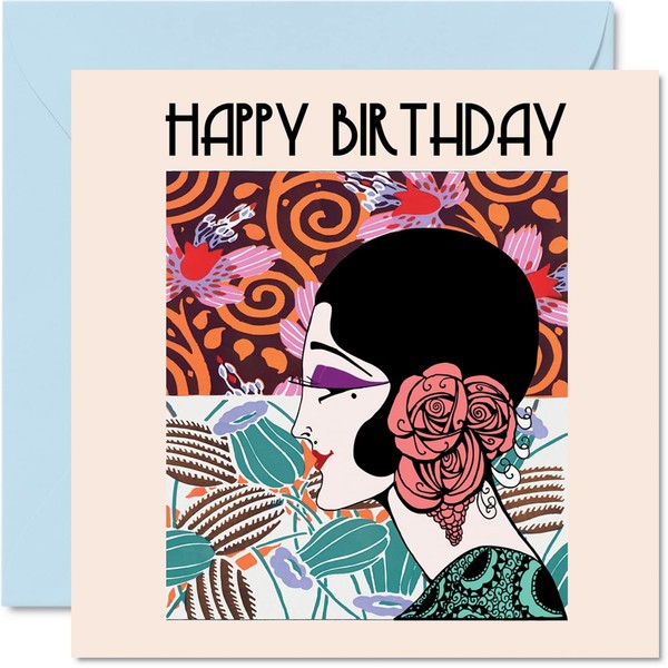 Beautiful Birthday Cards for Women Her - Art Deco Girl - Happy Birthday Card for Mum Sister Daughter Auntie Nanny Grandma Friend, 145mm x 145mm Ladies Cute Pretty Bday Greeting Cards