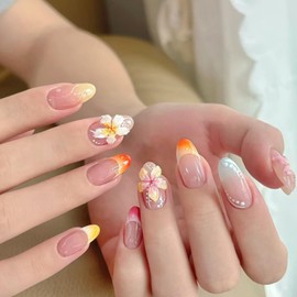 French Tip Press On Nails Medium Flower Fake Nails Almond Nude Pink Nails Press Ons With 3D Flower Designs Acrylic False Nails Full Cover Stick On Nails Artificial Stick On Nails For Women