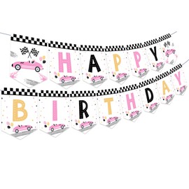 Race Car Birthday Decorations for Girls, Race Car Happy Birthday Banner Pink, Let's Go Racing Birthday Party Supplies