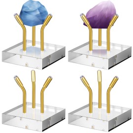 Weysat 4 Pack Clear Acrylic Display Stand, Metal 3 Peg Rock Display Easel Stands for Fossil Coral Crystal Geodes Rock Mineral Agate Small Collectibles Acrylic Holder(1.6”x1.6”x1.6”,Gold)