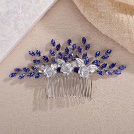 Rumtock Blue Rhinestones Beads 3D Petal White Flower Hair Comb for Wedding Brides Women Banquet Vintage Hair Accessories (Blue)