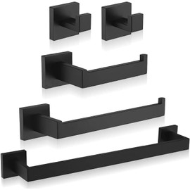 Taucent Bathroom Hardware Accessories Set Matte Black,5-Piece Black Towel Bar Set 16" Wall Mounted Towel Holder Stainless Steel-Includes Towel Bar,Robe Towel Hooks,Toilet Paper