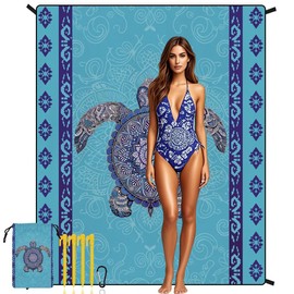 HappyGo Beach Blanket Sand-Free Quick-Dry Large Picnic Mat for Families, Vacation,Outdoor Music Festival,Travel-Portable with Pegs, Durable&Easy-Clean Soft Material with Bohemia Turtle Design